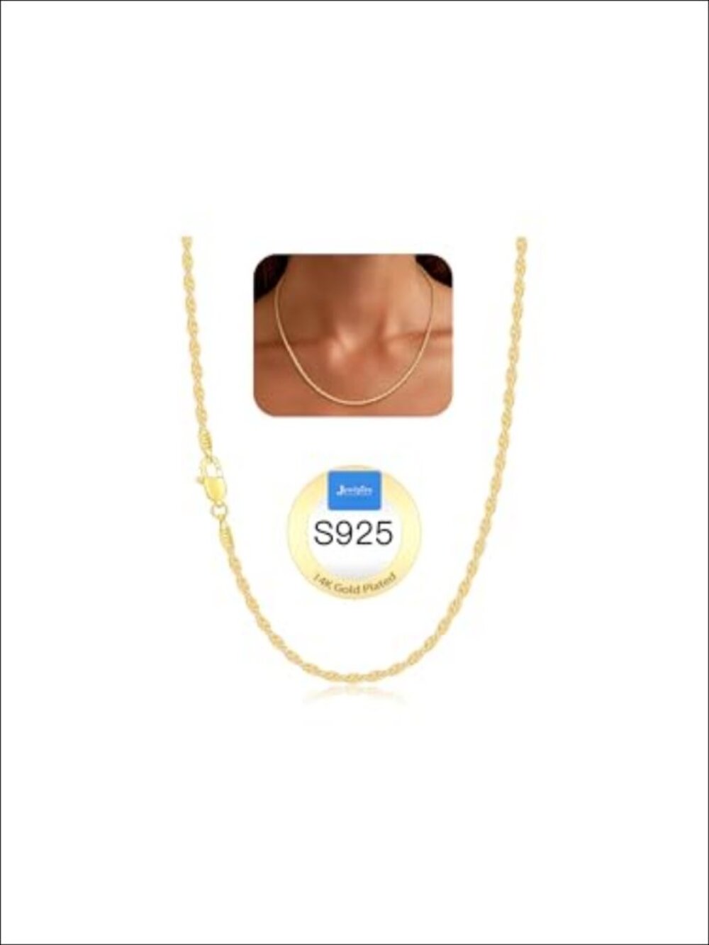 14K Gold Plated 925 Sterling Silver Rope Chain Necklace Women Dainty 18 Inch